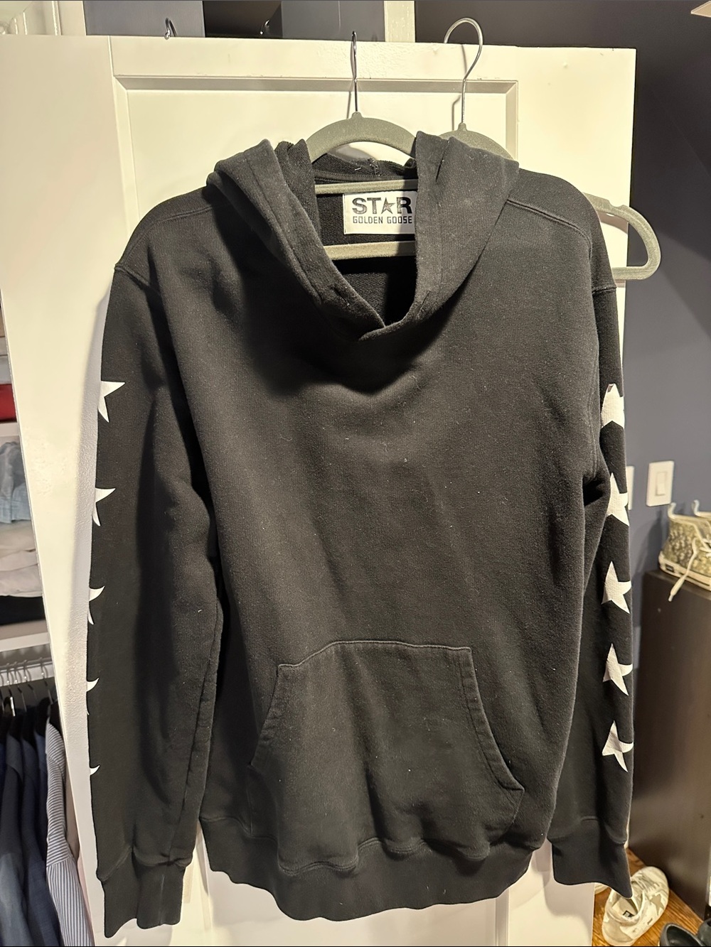 Golden Goose Black Crewneck Hoodie with White Star Sleeve Accents